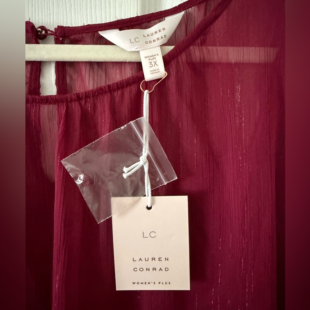 LC Lauren Conrad Maroon Shimmery Sheer Lined Blouse 🔮 Size 3X 🔮 NEW WITH TAGS - Picture 3 of 7